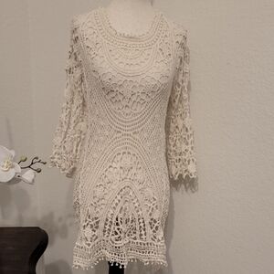 Cream 3/4 Sleeve Cropped Swim Coverup